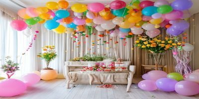 丈夫为妻子精心布置生日惊喜场景，气球鲜花满室，妻子惊喜表情，体现爱妻艺仪式感营造效果