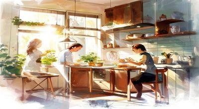 丈夫在厨房为妻子准备早餐，阳光从窗户洒入，体现爱妻艺日常关爱的温暖生活场景，画面生活气息浓厚
