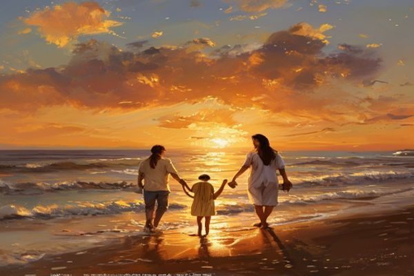 夫妻在夕阳下手牵手漫步海边，金色光芒洒满全身，画面温馨浪漫，体现爱妻艺婚姻幸福理念