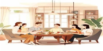 幸福家庭在客厅共享晚餐，一家三口笑声不断，体现爱妻艺日常关爱体系带来的家庭幸福氛围
